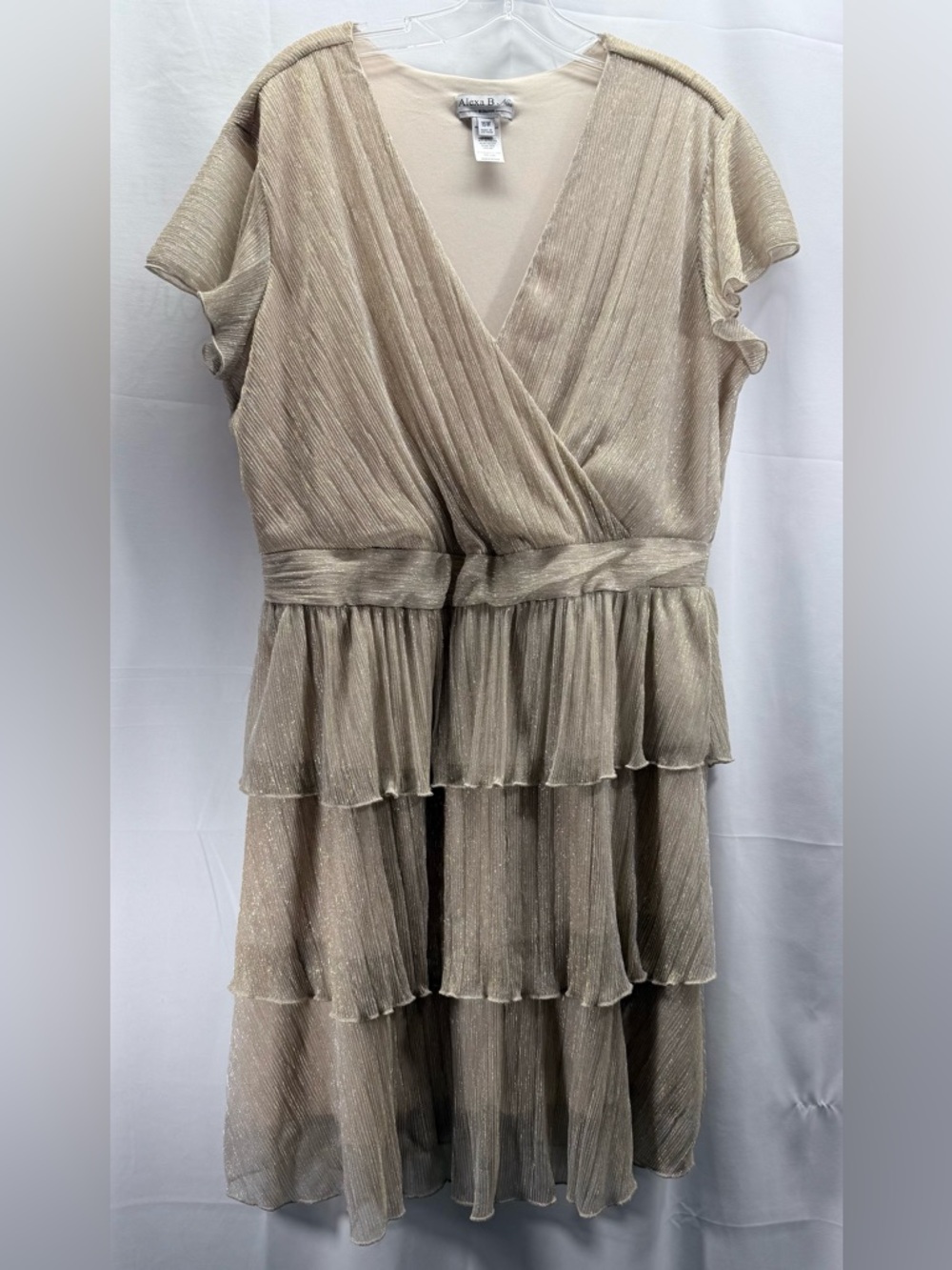 Alexa B Nites Gold Tone Metallic Tiered V-Neck Midi Dress Size 16W